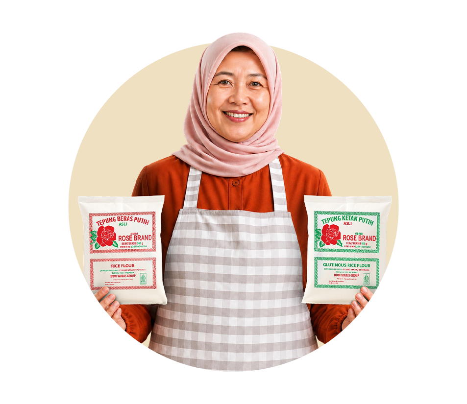 A mother holding Rose Brand products